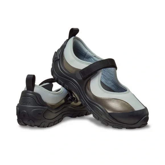 CROCS EXP Terre Mary Jane Ballet Sneaker in Black / Silver Metallic Blue, Size 9 - Picture 1 of 11